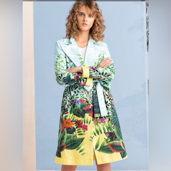 Ivko Coat Trench-Coat Tropical Pattern Belt Blue Yellow - Picture 4 of 6